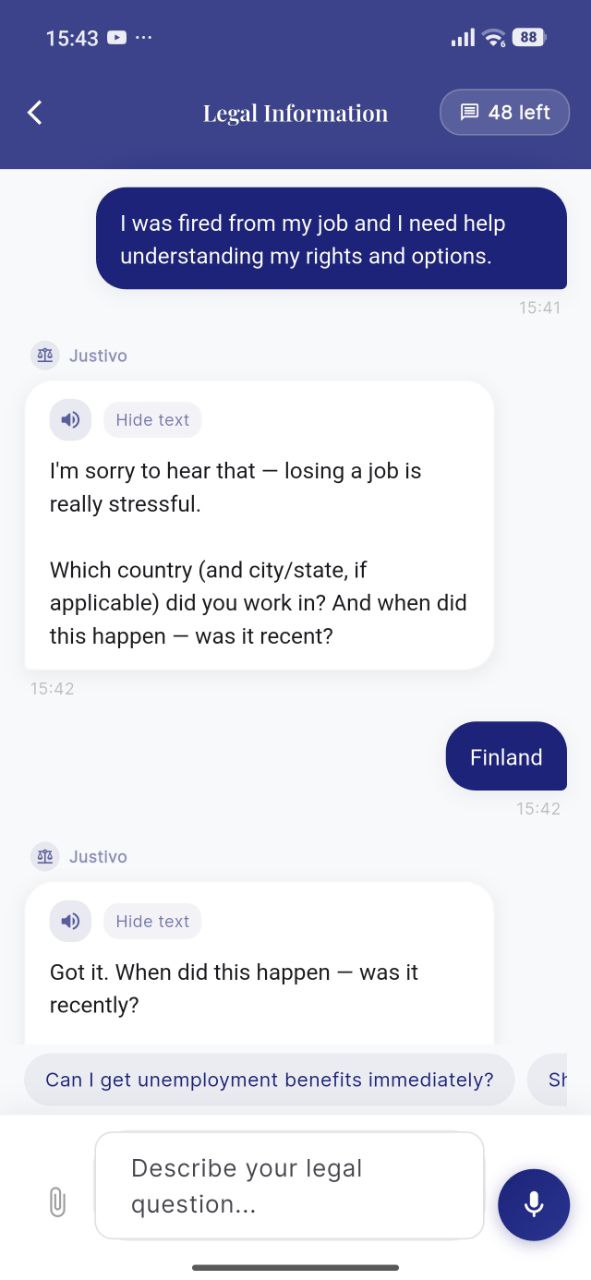 Justivo AI legal chat showing employment law consultation