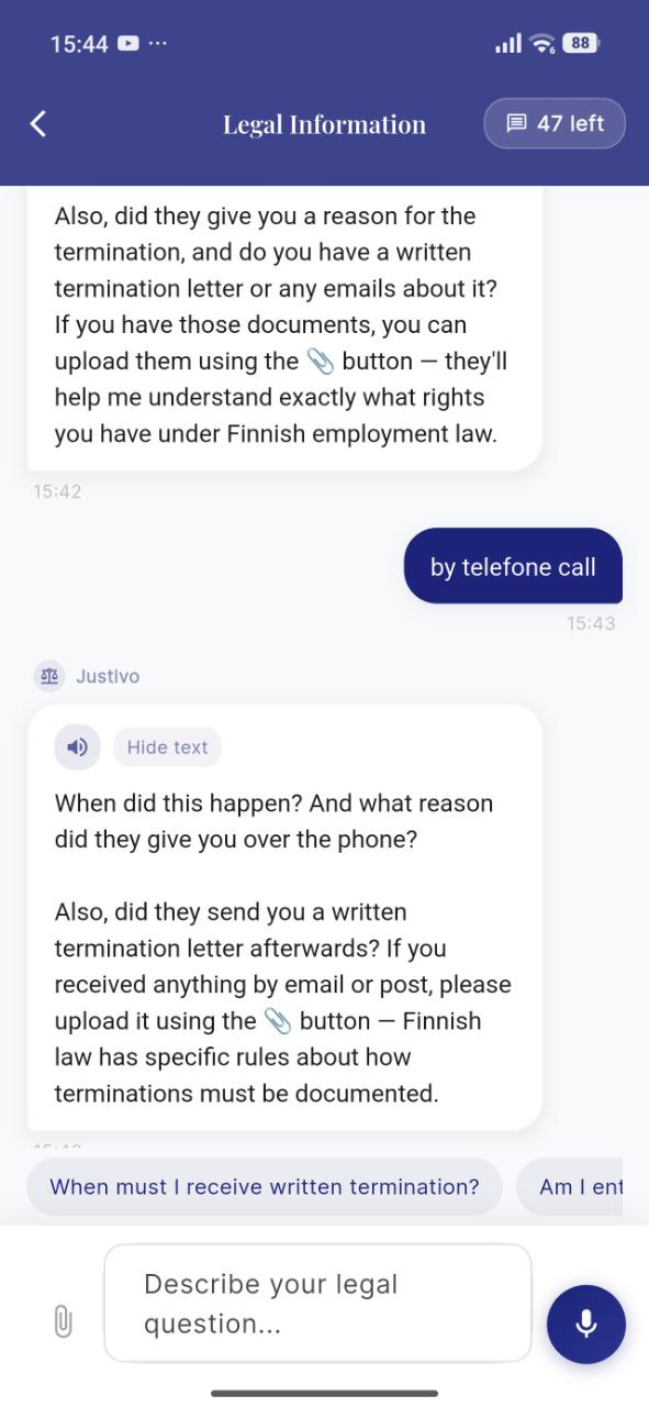 Justivo AI asking follow-up questions about Finnish employment law