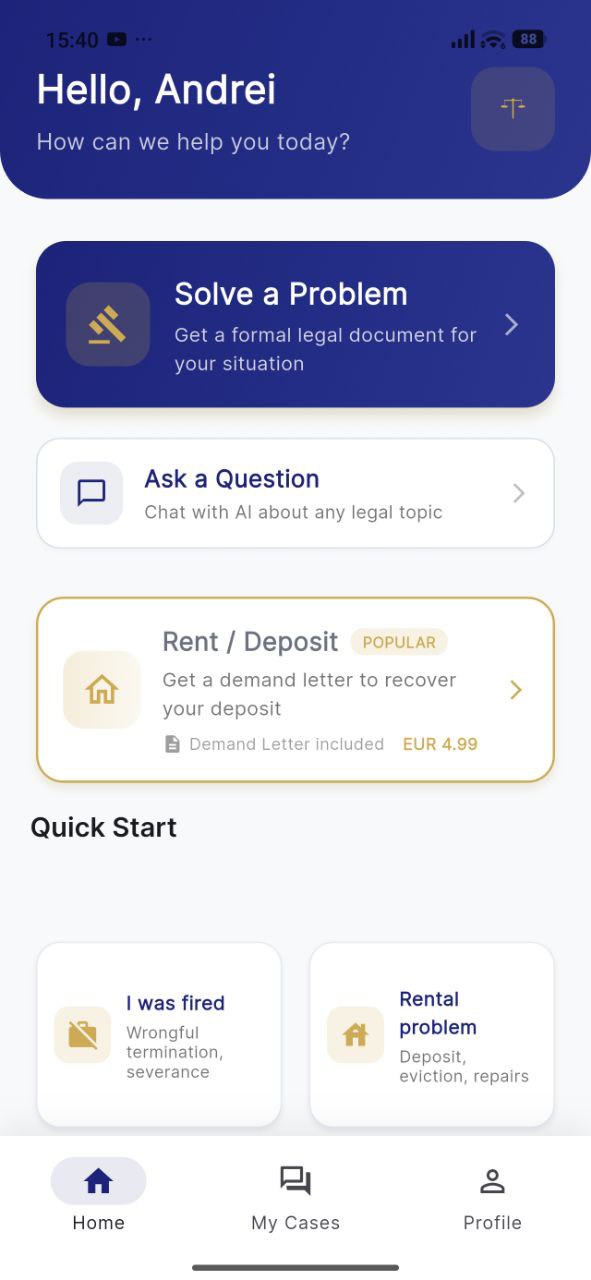 Justivo app home screen showing AI legal consultation features