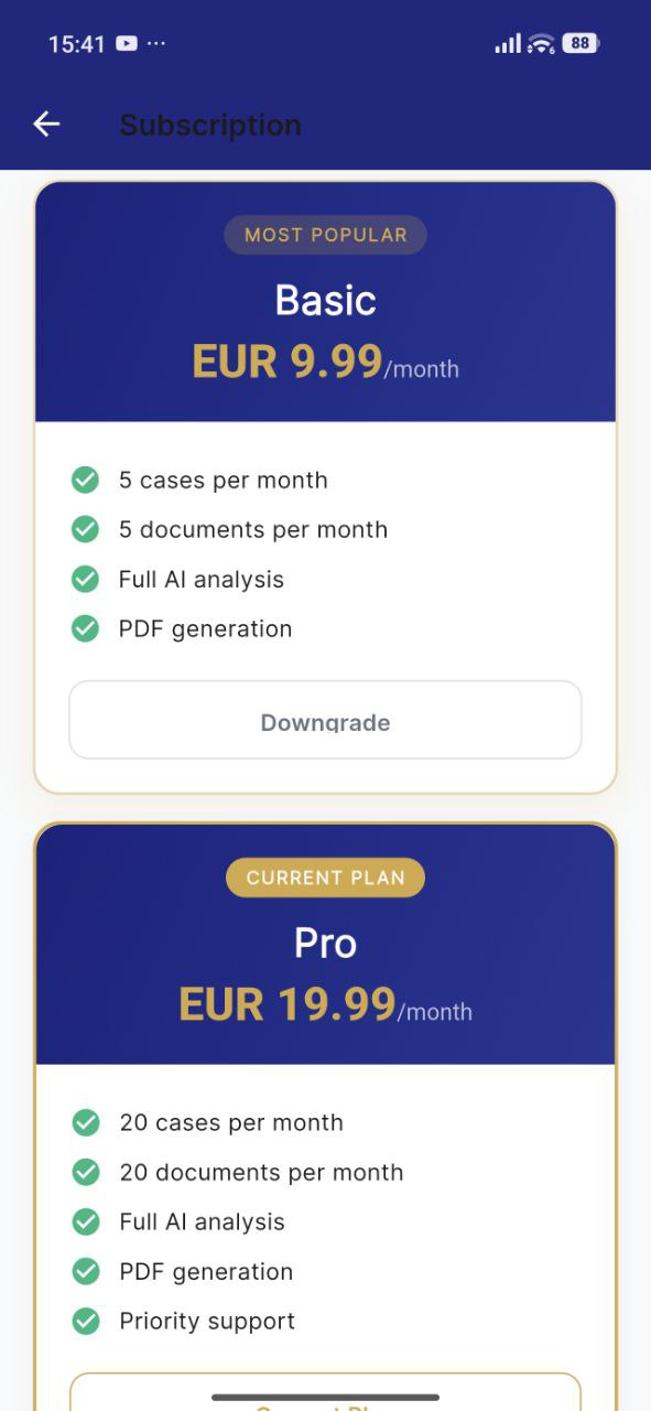 Justivo subscription plans - Basic EUR 9.99 and Pro EUR 19.99 per month